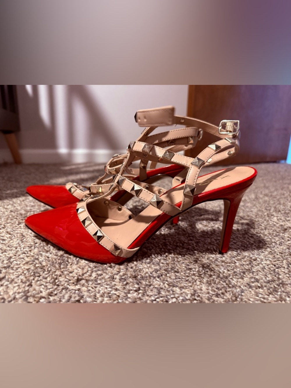 Mix No. 6 Red Patent Pointed-Toe Studded Strappy Heels